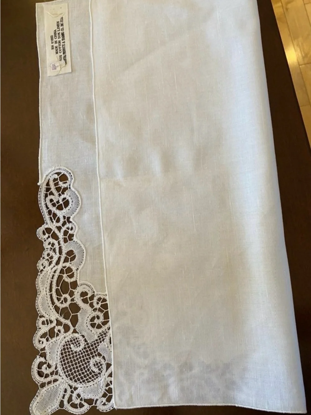 Vintage Heirloom hand Embroidered Lace-Edge White Linen Bridal Hanky